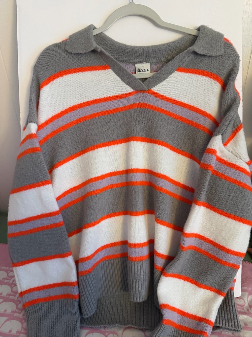 Nikka V Grey, White & Orange Striped V-Neck Sweater